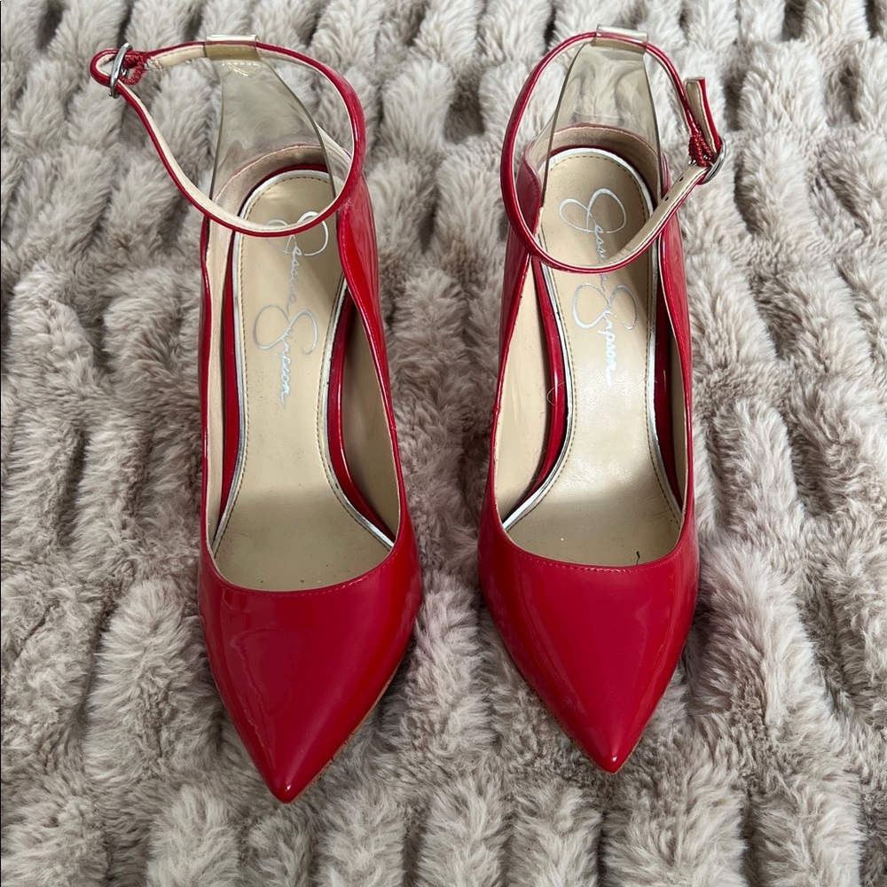 Jessica Simpson Red Patent Pointed Toe Ankle Strap Heels Size 7.5 - Picture 2 of 3